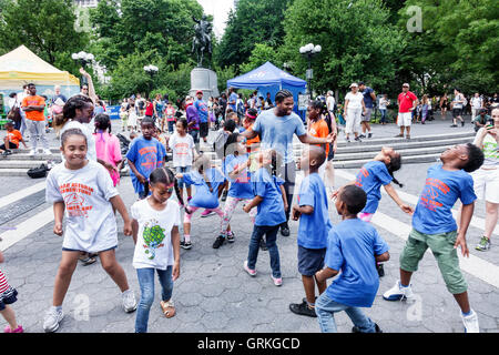 New York City,NY NYC,Manhattan,Midtown,Union Square Park,public park,Summer in the Square,weekly entertainment series,Children's Pavilion,fitness clas Stock Photo
