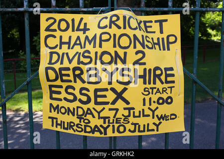 A sign outside the ground announces the Derbyshire CCC vs Essex CCC fixture - Derbyshire CCC vs Essex CCC - LV County Championship Division Two Cricket at Queen's Park, Chesterfield - 08/07/14 Stock Photo