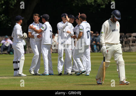 Tony Palladino of Derbyshire (2nd L) is congratulated on the wicket of Tom Moore - Derbyshire CCC vs Essex CCC - LV County Championship Division Two Cricket at Queen's Park, Chesterfield - 09/07/14 Stock Photo