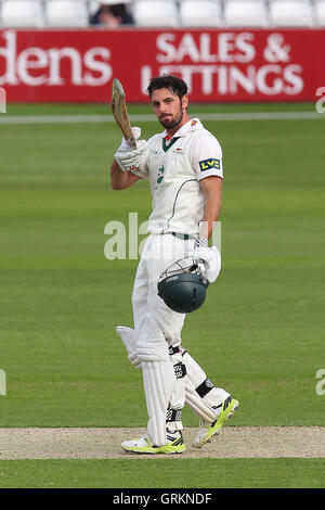 Ned Eckersley celebrates a century, 100 runs for Leicestershire - Essex CCC vs Leicestershire CCC - LV County Championship Division Two Cricket at the Ford County Ground, Chelmsford - 05/05/14 Stock Photo
