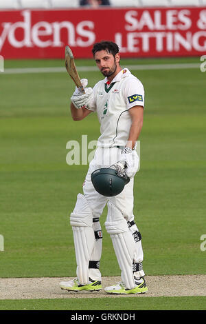 Ned Eckersley celebrates a century, 100 runs for Leicestershire - Essex CCC vs Leicestershire CCC - LV County Championship Division Two Cricket at the Ford County Ground, Chelmsford - 05/05/14 Stock Photo