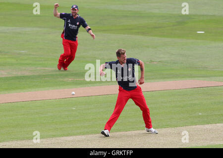 Tom Bailey of Lancashire celebrates the wicket of Mark Pettini - Essex Eagles vs Lancashire Lightning - Royal London One-Day Cup at the Essex County Ground, Chelmsford, Essex - 05/08/14 Stock Photo