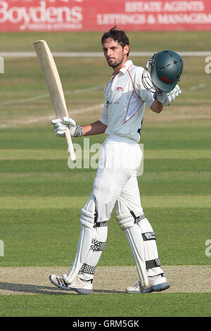 Ned Eckersley of Leicestershire celebrates a century, 100 runs for his team - Essex CCC vs Leicestershire CCC - LV County Championship Division Two Cricket at the Essex County Ground, Chelmsford - 17/07/13 Stock Photo