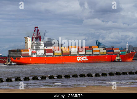 Svitzer Millgarth & Ashgarth tugs berthing Hong Kong OOCL BELGIUM Shipping Container Ship, Trade imports at Peel Ports in the River Mersey, Liverpool, Merseyside, UK Stock Photo