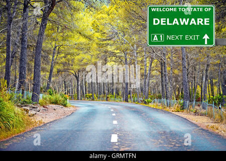 DELAWARE road sign against clear blue sky Stock Photo