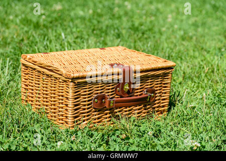 Picnic Basket Hamper With Leather Handle In Green Grass Stock Photo