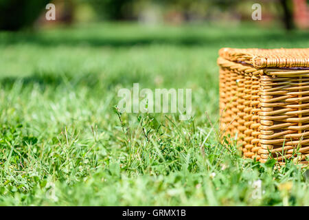 Picnic Basket Hamper With Leather Handle In Green Grass Stock Photo