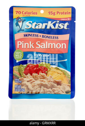 Winneconne, WI - 29 July 2016: Package of Starkist pink salmon on an isolated background. Stock Photo