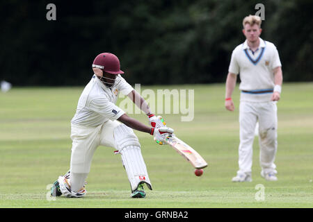 Jamal Francis in batting action for Gidea Park - Gidea Park & Romford CC vs Horndon-on-the-Hill CC - Essex Cricket League at Gallows Corner - 30/08/14 Stock Photo