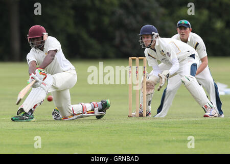 Jamal Francis in batting action for Gidea Park - Gidea Park & Romford CC vs Horndon-on-the-Hill CC - Essex Cricket League at Gallows Corner - 30/08/14 Stock Photo