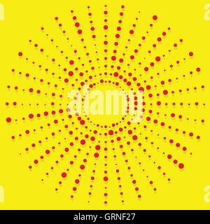 Random dots radial halftone element, pop art red, yellow colors Stock Vector