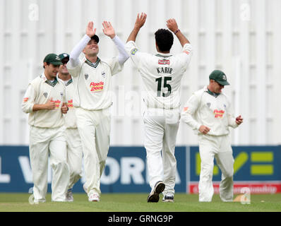 Kabir Ali of Worcs claims the wicket of Varun Chopra, clean bowled - Essex CCC vs Worcestershire CCC - LV County Championship Division Two at Castle Park, Colchester -  20/08/08 Stock Photo