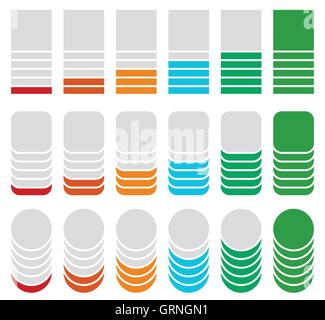 Vertical progress, level indicators. Symbols to show progression, steps, phases. Square, rounded square, circle version. Stock Vector
