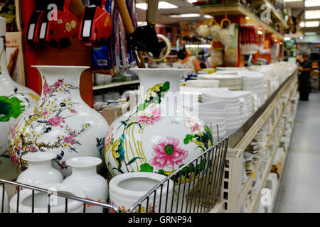 Ceramic bowls pots and other kitchen stuff for sale in New Kam Man Chinese grocery store.Manhattan,New York City,USA Stock Photo
