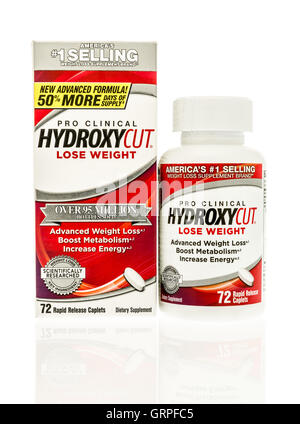 Winneconne, WI - 7 September 2016:  Package of Hydroxycut weight lose supplement on an isolated background. Stock Photo