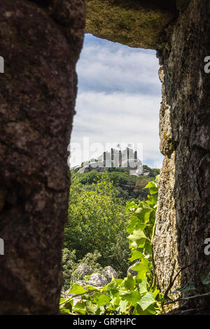 Looking out one of the windows of the Castle of the Moors to another hilltop guard tower. Stock Photo
