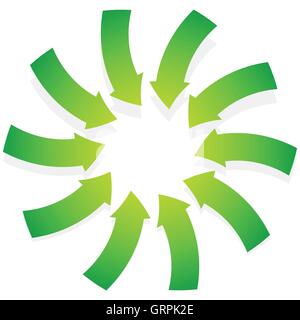 Rotating green arrows point inwards / inside. Abstract shape with green arrows Stock Vector
