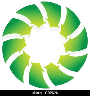 Rotating green arrows point inwards / inside. Abstract shape with green arrows Stock Vector