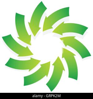 Rotating green arrows point inwards / inside. Abstract shape with green arrows Stock Vector