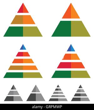 Pyramid, cone, triangle charts, graphs. 3-2-5-4 level, multilevel infographics, presentation elements Stock Vector