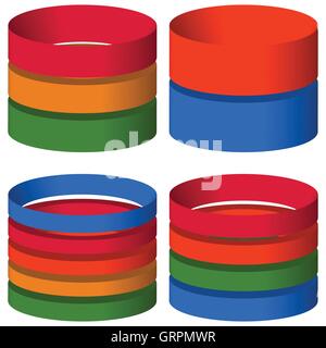 Multicolor segmented 3d cylinders, cylinder icons. Elements for levels, multilevel, chart - graph usage Stock Vector