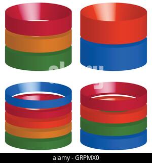 Multicolor segmented 3d cylinders, cylinder icons. Elements for levels, multilevel, chart - graph usage Stock Vector