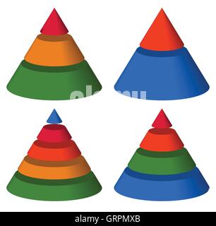 Pyramid, cone charts. 3-2-5-4 levels. Multilevel triangle 3d graphs Stock Vector