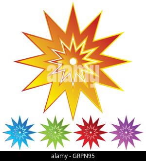 Sparkle, flash shape in 5 colors - Colorful, retro design elements Stock Vector