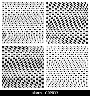 Distorted spirally, rotating patterns with squares and circles Stock Vector