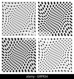 Distorted spirally, rotating patterns with squares and circles Stock Vector