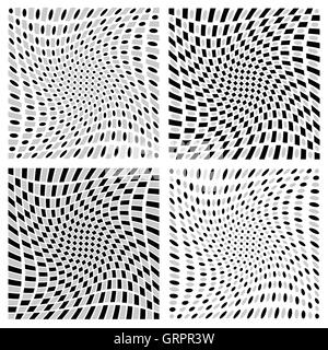 Distorted spirally, rotating patterns with squares and circles Stock Vector