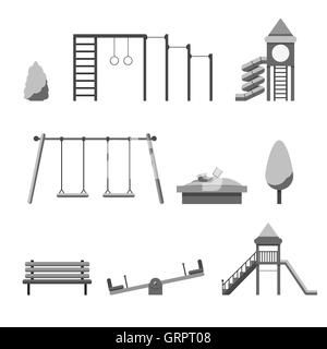 Playground infographic elements vector doodle illustration. Kids playing equipment playground infographic set. illustration with isolated playground infographic objects. Stock Vector