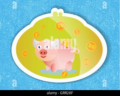 Piggy bank with coins and a pink piglet on blue background Stock Vector