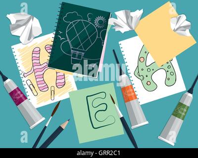 Set with notebook, drawings and art supplies on the table. Vector Stock Vector