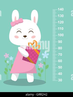 Cute bunny with a gift on a background of flowers. Stadiometer. Vector Stock Vector