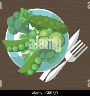Set of green vegetables on a plate with a fork and knife. Vector Stock Vector