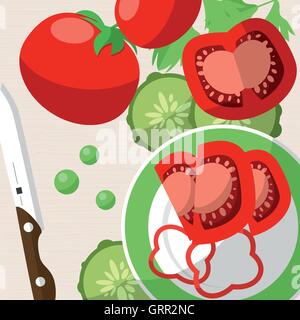 Still life with tomatoes, knife, plate and sliced vegetables on the table. Vector Stock Vector