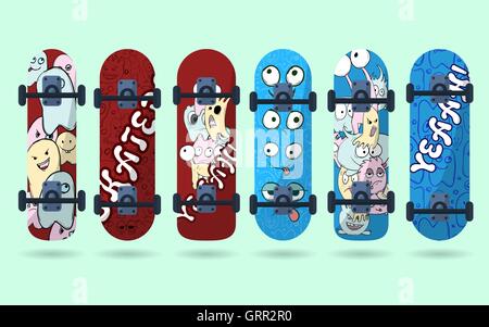 Collection of blue and red skateboard with monsters on a light background. Vector Stock Vector