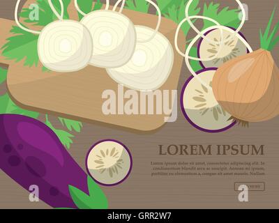 Set with onions, eggplant, parsley and kitchen plates on a table with space for your advertising. Vector Stock Vector