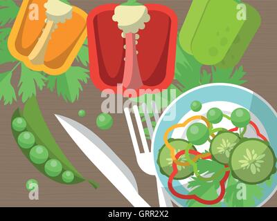 Still life with peppers, fork, knife and sliced vegetables on the table. Vector Stock Vector