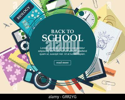 Set of school supplies on a light background with space for your advertising. Frame. Vector Stock Vector