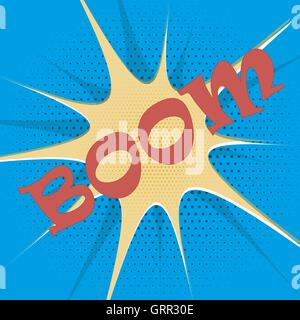 Boom explosion text description in the style of comics, pop, art, retro Stock Vector