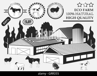 Set of premium Cow, goat, lamb, turkey, beef labels on the farm, badges and design elements. Vector Stock Vector