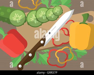 Still life with sliced vegetables on a table with a knife, cutting board and parsley. Vector Stock Vector