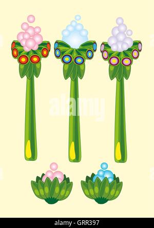 Set of multicolored, cartoon, tropical plants. Vector Stock Vector