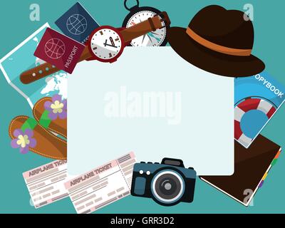 Frame with a hat, tickets, passports and other items for the tourist on a green background. Vector Stock Vector