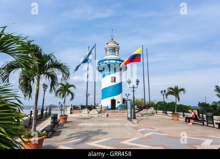 Blue and white striped Lighthouse, a local landmark on the hilltop at Barrio Las Penas, Guayaquil, second city of Ecuador, South America Stock Photo