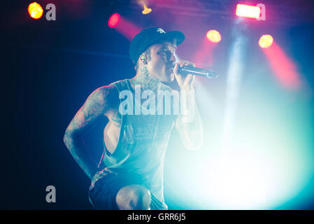 Rappers Fedez and J-Ax performing live at the Ritmika Festival 2016 in Moncalieri, near Turin. (Photo by Alessandro Bosio / Pacific Press) Stock Photo