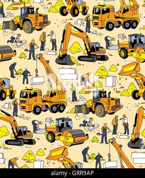 Building people and construction equipment color seamless pattern. Stock Vector