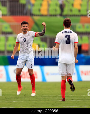 Great Britain's David Porcher celebrates scoring against Brazil in the Men's 7 a side football at the Deodoro Stadium during the first day of the 2016 Rio Paralympic Games in Rio de Janeiro, Brazil. Stock Photo